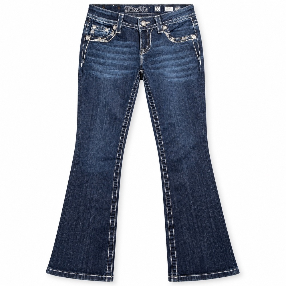 Miss Me Easy Boot Jeans 26 Dark Blue Rhinestone Embroidered JE8113E2R